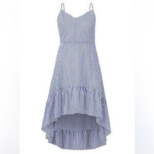 City Chic Seersucker Stripe Blue White High Low Midi Dress Size 14 Coastal Prep